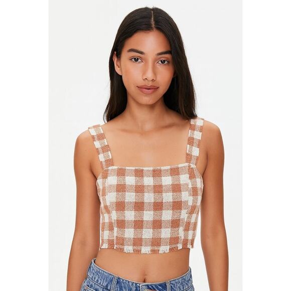 Forever 21 Cropped Square Neck Sleeveless Top Tan Grey Checkered Small - Picture 1 of 5